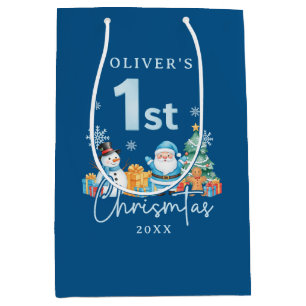 Blue Santa 1st Christmas with Snowman, Tree and Gi Medium Gift Bag