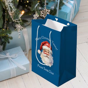 Blue Santa Claus Personalized Kids Christmas Medium Gift Bag