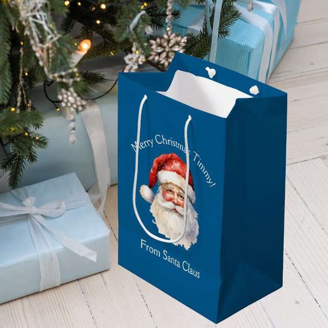 Blue Santa Claus Personalized Kids Christmas Medium Gift Bag (Creator Uploaded)