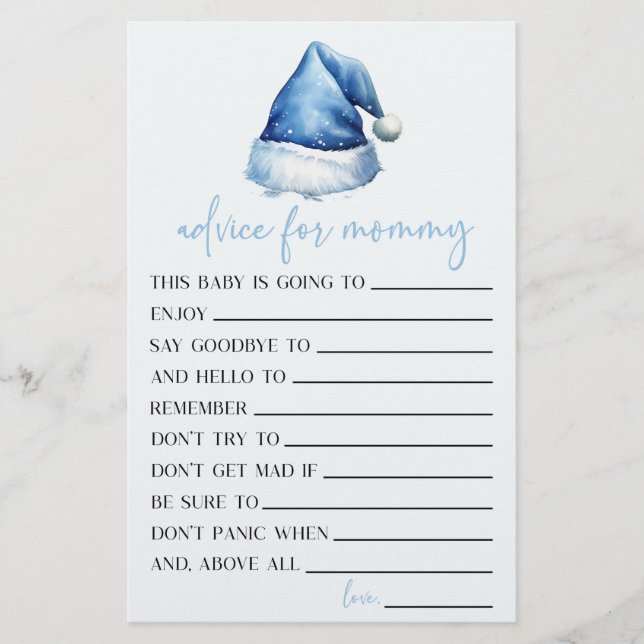 Blue Santa Hat Advice Baby Shower Game Activity Stationery (Front)