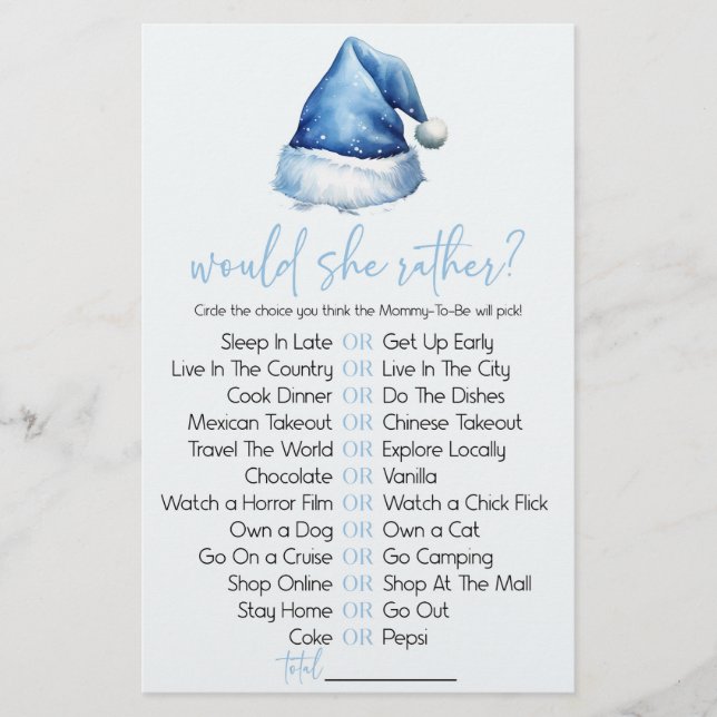 Blue Santa Hat Would She Rather Baby Shower Game Stationery (Front)
