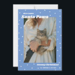 Blue Santa Paws Pet Meowy Christmas Photo Card<br><div class="desc">This holiday photo card features a photo of your cat surrounded by a border of white paw prints and white stars on a blue background with a punny Christmas greeting reading "Here comes Santa Paws" and "Meowy Christmas!". This Christmas photo card is perfect for the pet owner or animal lover....</div>