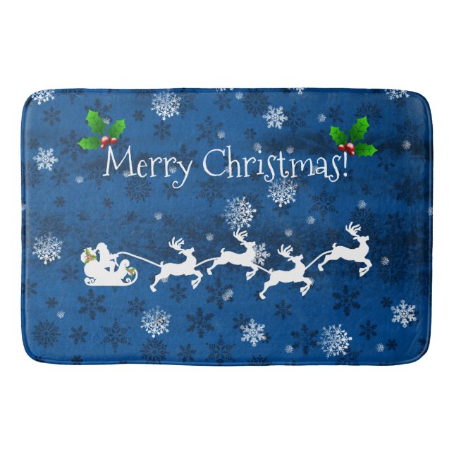Blue Santa's Sleigh and Reindeer Bath Mat (Front)