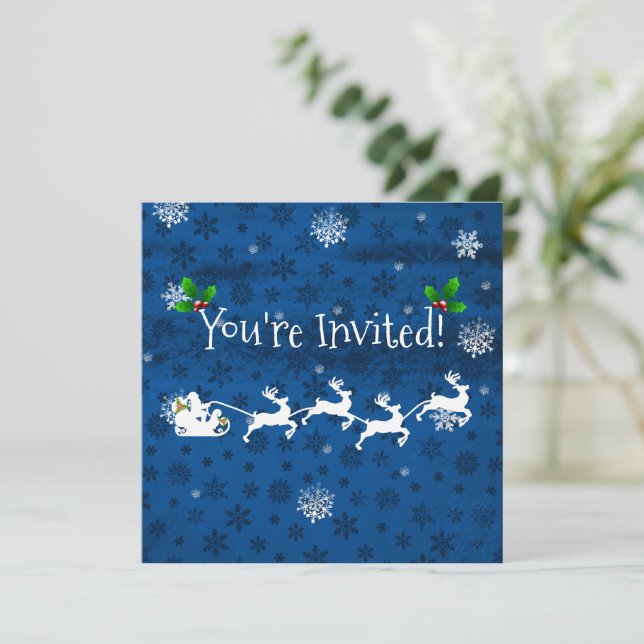 Blue Santa's Sleigh and Reindeer Invitation (Standing Front)