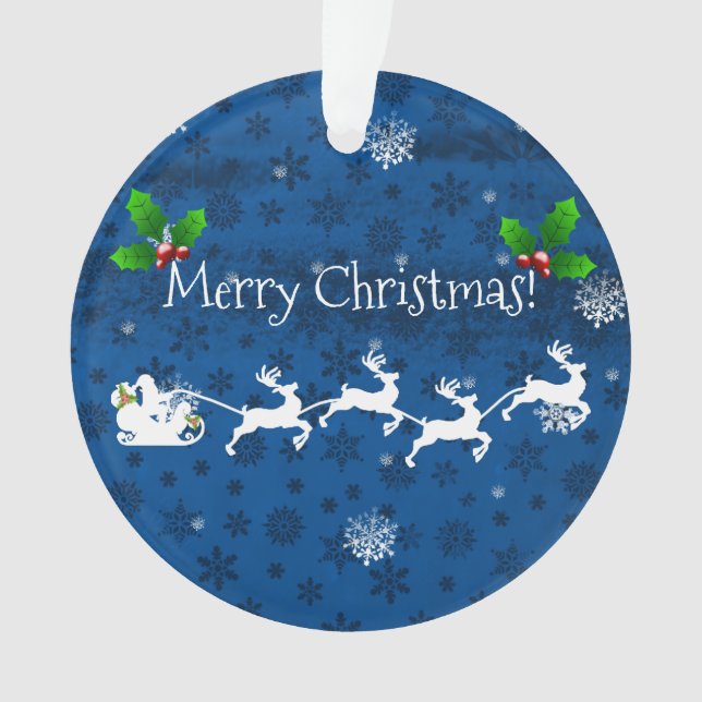 Blue Santa's Sleigh and Reindeer Ornament (Front)