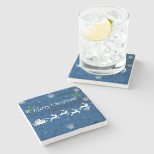 Blue Santa's Sleigh and Reindeer Stone Coaster