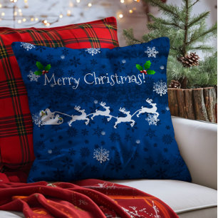 Blue Santa's Sleigh and Reindeer Throw Pillow