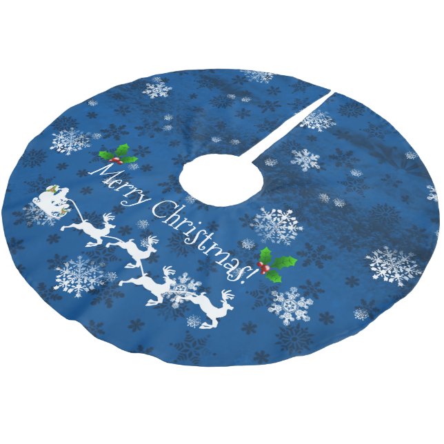 Blue Santa's Sleigh and Reindeer Tree Skirt (Angled)