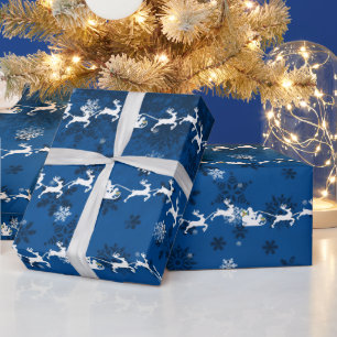 Blue Santa's Sleigh and Reindeer Wrapping Paper