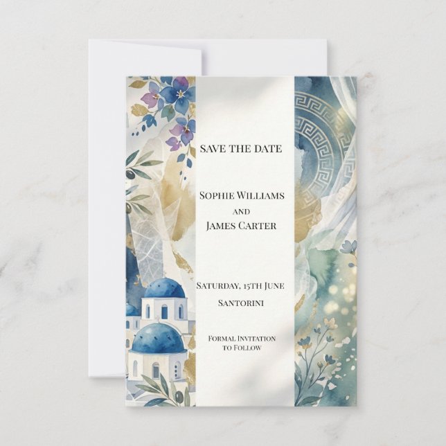 Blue Santorini Floral Save The Date Card (Front)