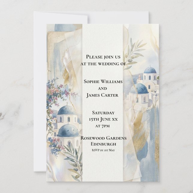 Blue Santorini Floral Wedding Invitation (Front)