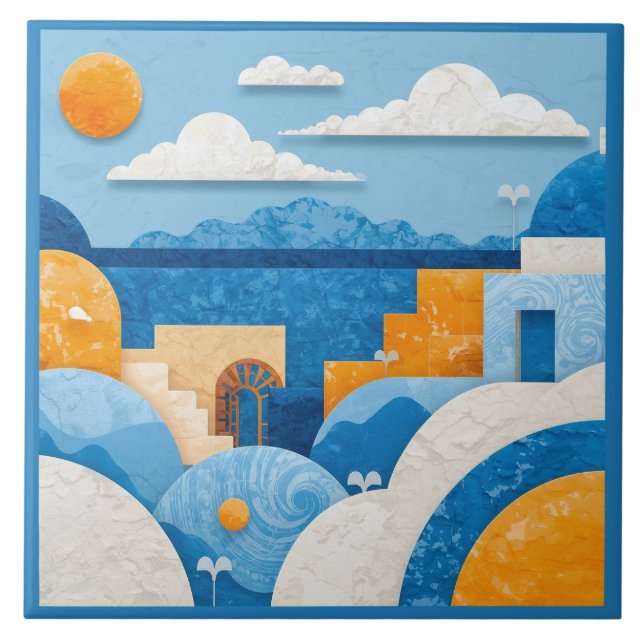 Blue Santorini Mediterranean Azulejo Tile (Front)