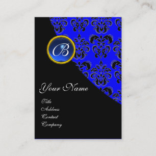BLUE SAPPHIRE BLACK DAMASK MONOGRAM BUSINESS CARD