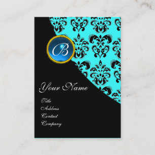 BLUE SAPPHIRE DAMASK MONOGRAM ,turquase Business Card