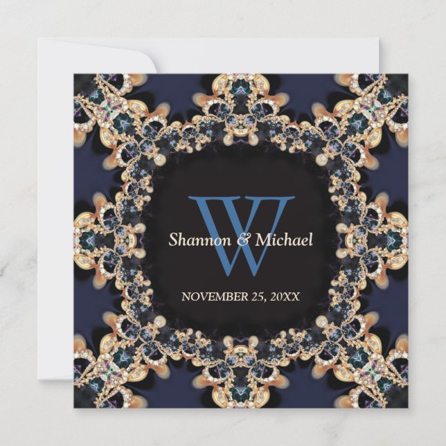 Blue Sapphire Gems Monogram Wedding Invitations (Front)
