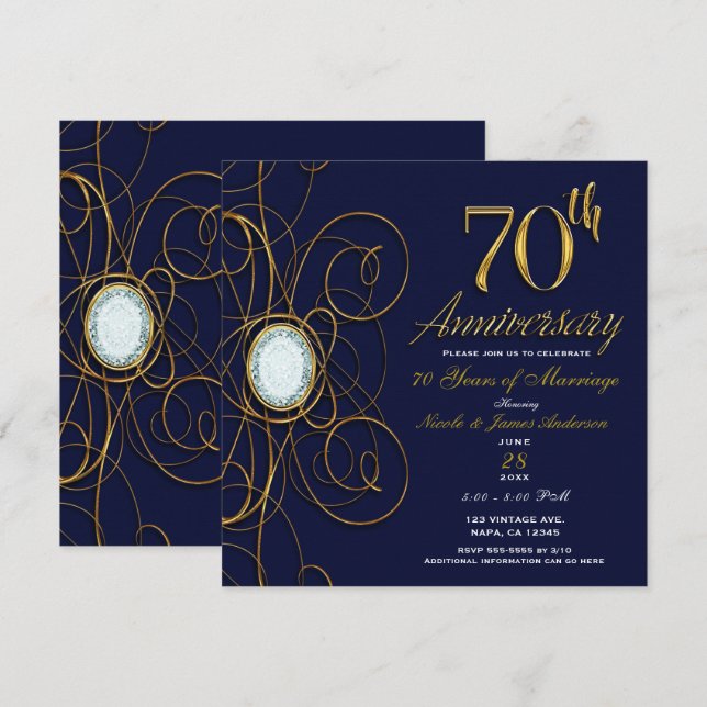 Blue Sapphire & Gold Diamond 70 70th Anniversary Invitation (Front/Back)