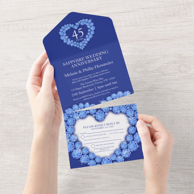 Blue sapphire heart 45th wedding anniversary  all in one invitation (Tearaway)