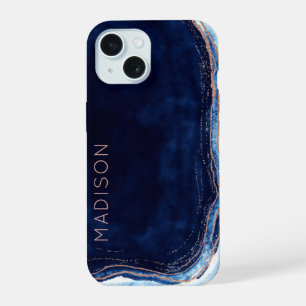 Blue Sapphire & Rose Gold Geode Agate Personalized iPhone 15 Case