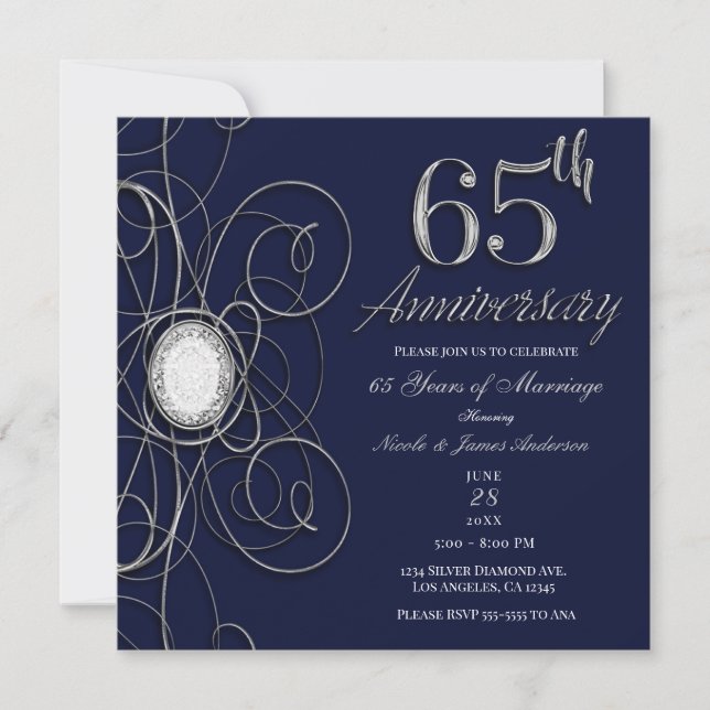 Blue Sapphire & Silver Diamond 65 65th Anniversary Invitation (Front)