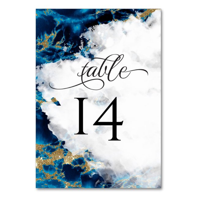 Blue Sapphire Watercolor Geode  BarefootBride™ Table Number (Front)