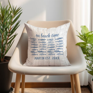 Blue Sardines Beach Time Family Name Throw Pillow
