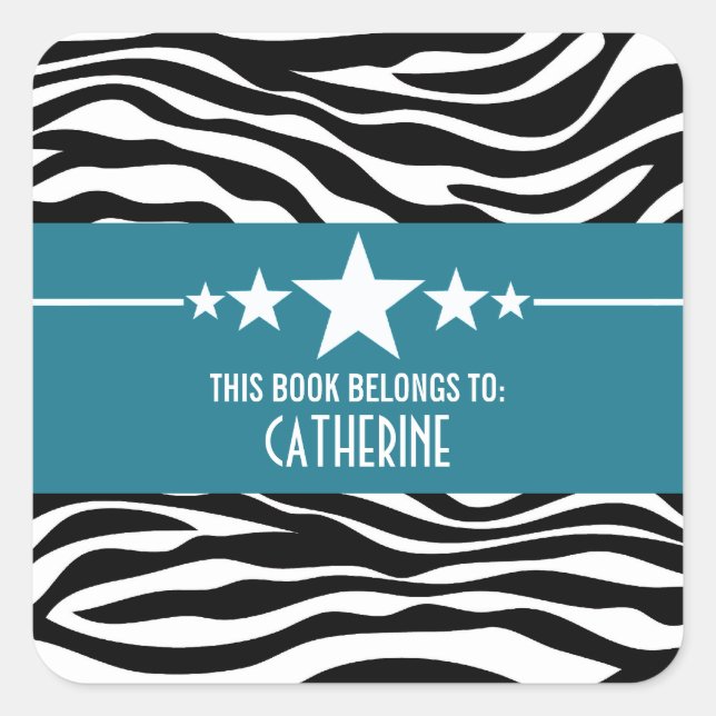 Blue Sassy Star Zebra Bookplate Stickers (Front)