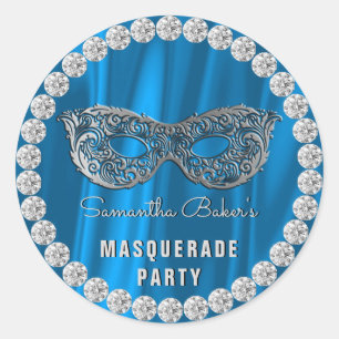 Blue Satin Diamonds Masquerade Party Glam Birthday Classic Round Sticker
