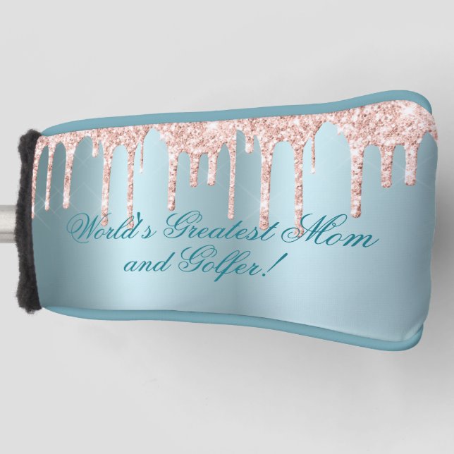 Blue Satin, Pink Glitter Drips-Greatest Mom Golfer Golf Head Cover (Front)