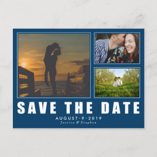 Blue Save The Date 3 Photo Modern Postcard