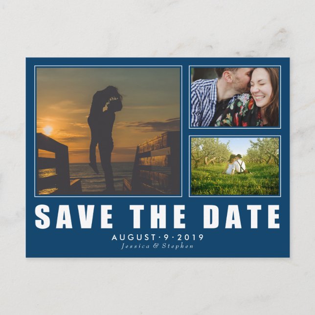 Blue Save The Date 3 Photo Modern Postcard (Front)