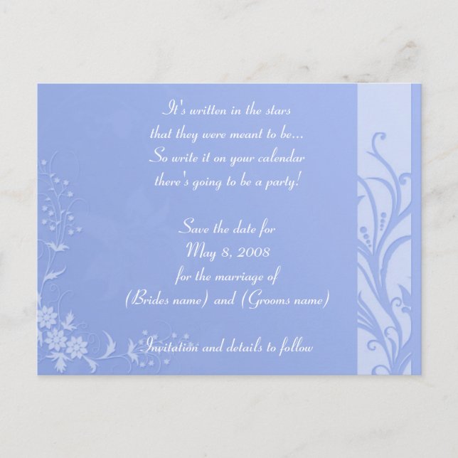 Blue save the date announcement postcard (Front)