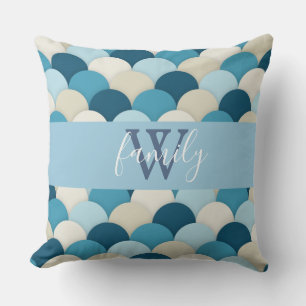Blue scales monogram throw pillow