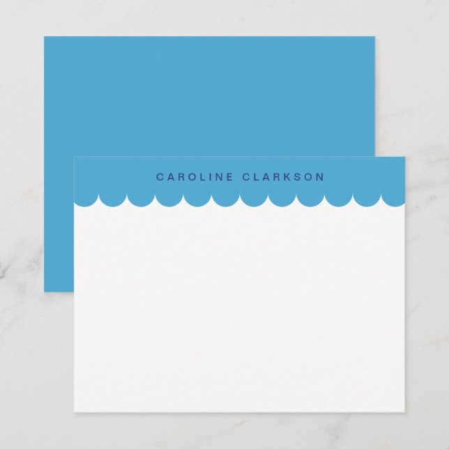 Blue Scallop Border Modern Stationery note card (Front/Back)