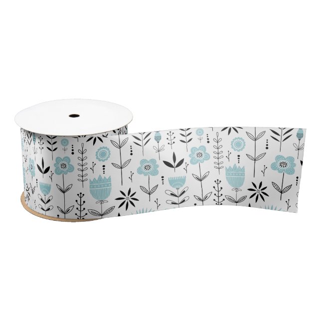 Blue Scandinavian Floral Pattern Satin Ribbon (Spool)