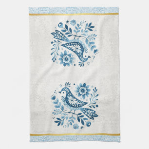 Blue Scandinavian Folk Bird Kitchen Towel