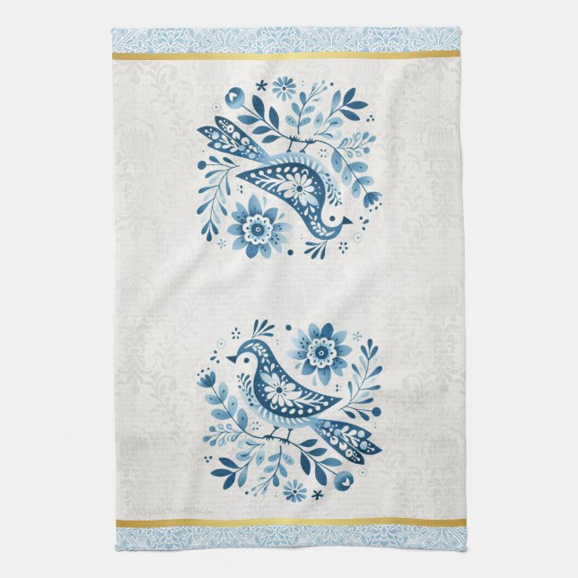 Blue Scandinavian Folk Bird Kitchen Towel (Vertical)