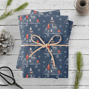 Blue Scandinavian Reindeer Tree Animal Snowflake Wrapping Paper Sheet