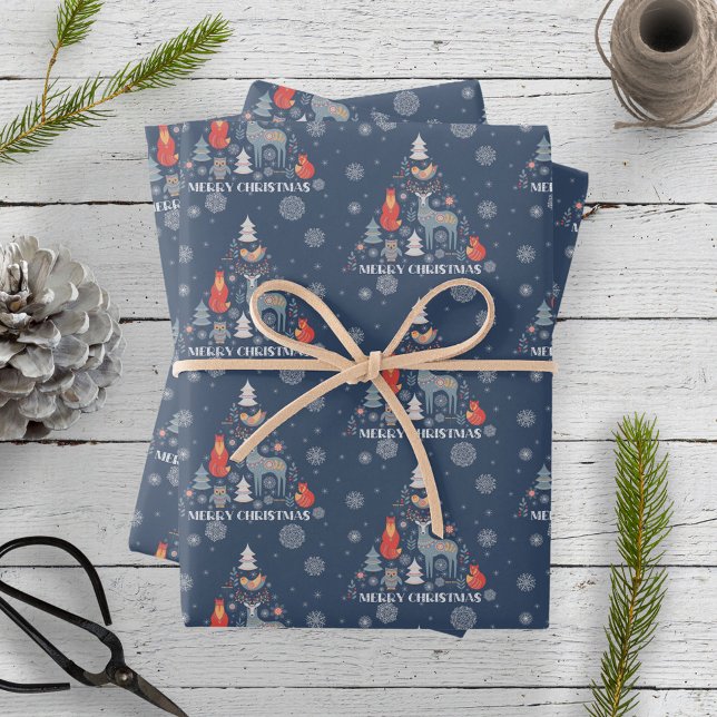 Blue Scandinavian Reindeer Tree Animal Snowflake Wrapping Paper Sheet (Creator Uploaded)