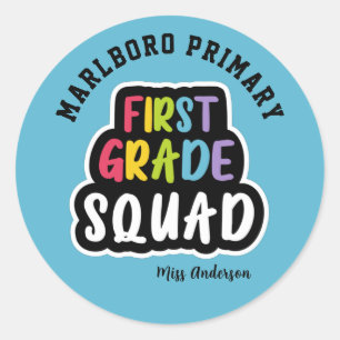 Blue School Name First Grade Teacher Squad Classic Round Sticker