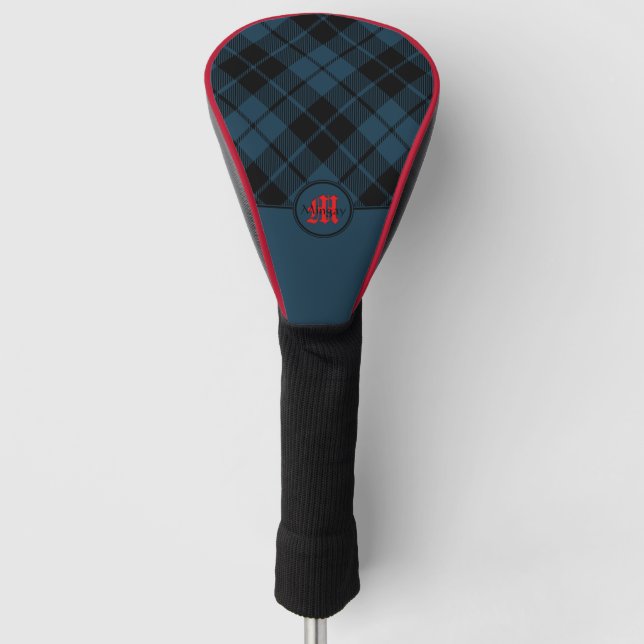 Blue Scottish Plaid Red Monogram Golf Head Cover (Front)