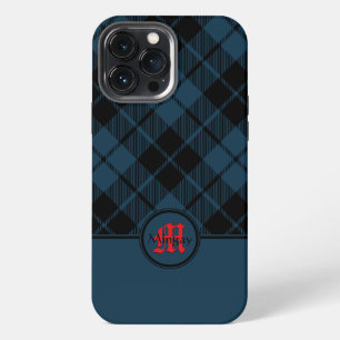 Blue Scottish Plaid Red Monogram iPhone 13 Pro Max Case
