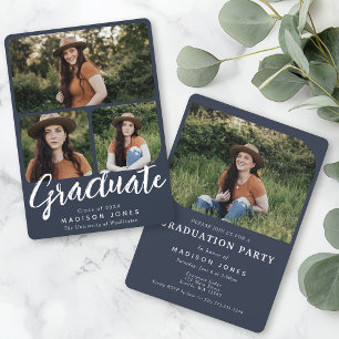 Blue Script 4 Photos Graduation Party Invitation