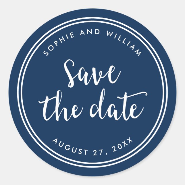 Blue Script and White Stripes Save the Date Classic Round Sticker (Front)