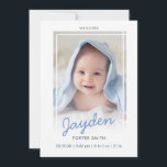Blue Script Boy Photo Birth Announcement Card<br><div class="desc">Modern birth announcement template card for baby boys. Add your first photo on the front of the card in the stylish white frame. Your child's first name can be added in blue script font. The child's middle and last name and birth stats follow. You can add the second picture of...</div>