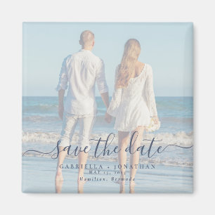 Blue Script Couple Photo Wedding Save The Date  Magnet