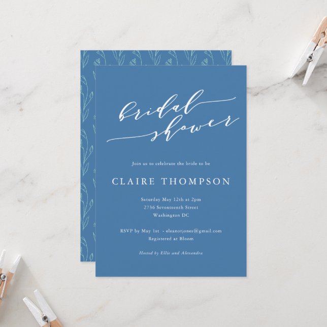 Blue Script Floral Bold Romantic Bridal Shower Invitation (Front/Back In Situ)