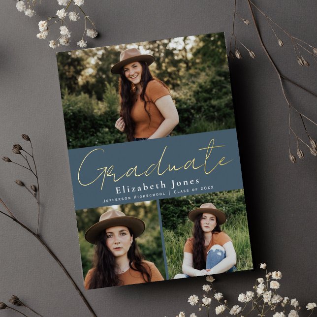 Blue Script Foil Graduation Photo Announcement (Creator Uploaded)