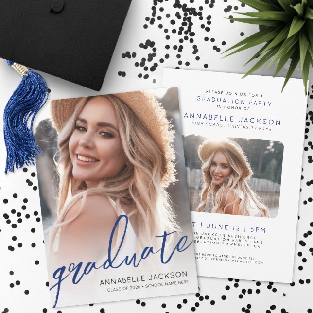 Blue Script Graduate Photo Graduation Invitation (Blue Trendy Script Graduate Photo Graduation Invitation)