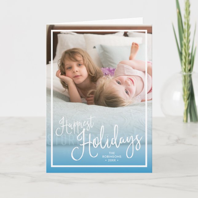 Blue Script Happiest Holidays Holiday Photo (Front)