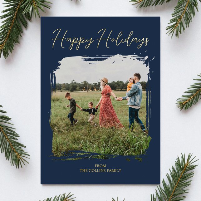 Blue Script Modern Minimal Photo Happy Holidays Foil Holiday Card (Blue Script Modern Minimal Photo Happy Holidays Foil Holiday Card)